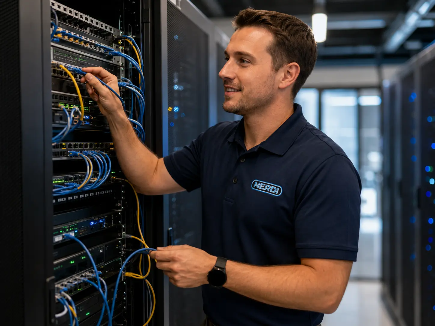 Nerdi network engineer servicing server rack cabling and business network equipment